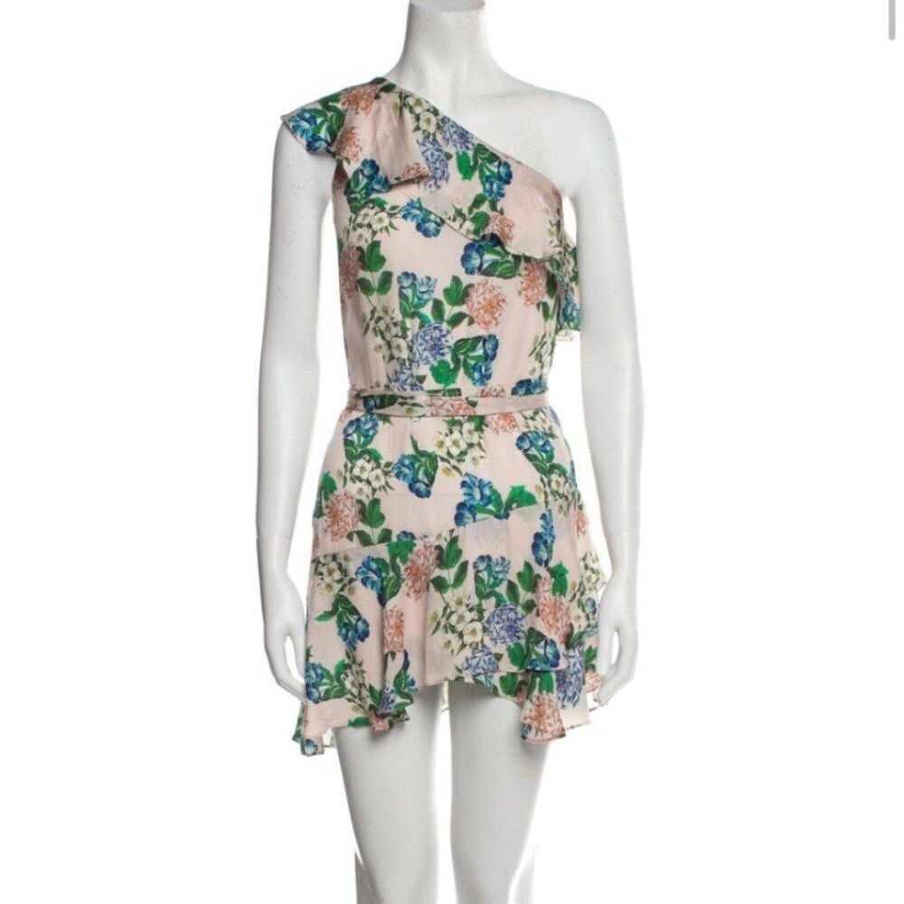 Marissa Webb - Baby Pink Floral One Shoulder Ruffled Silk Blend Dress XS - Picture 2 of 8